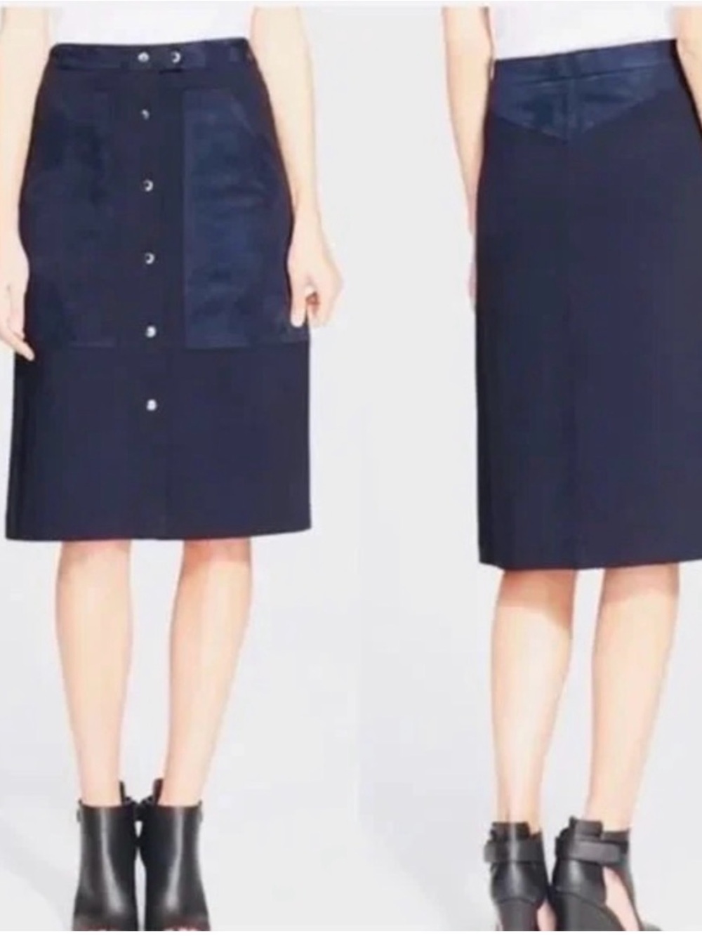 Theory Fixture Suede Navy Slyn Snap Front Skirt Size 8
